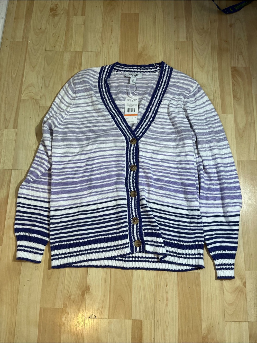 Nine West Women’s Striped Button Front Cardigan Sz Medium Multi Colors V-Neck